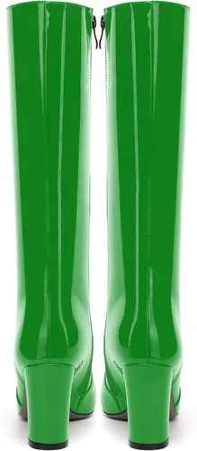 Vista 165 de AMBELIGHT Botas altas hasta la rodilla con cremallera y puntera puntiaguda para mujer, de patente sólida, tacón alto, 3.3 pulgadas