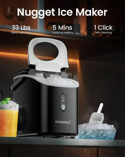 Vista 2 de VIVIDMOO Nugget - Máquina de hielo para encimera, 34 libras/día, máquina de hielo portátil de guijarros sónicos con autolimpieza, hielo rápido en 6