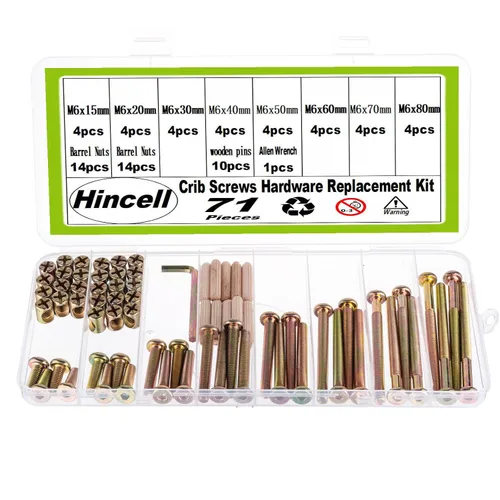 Vista 10 de Kit de repuesto de tornillos de cuna – M6 x 15/20/30/40/50/60/70/3.150 in, tornillos hexagonales, tuercas de barril, 71 piezas de 8 tamaños