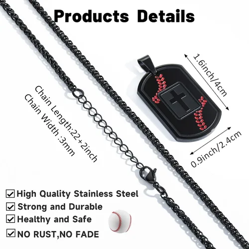 Vista 6 de Collar de cruz con versículo bíblico de béisbol, acero inoxidable, dije de cruz en tono negro/dorado/plateado, regalos religiosos, joyería deportiva