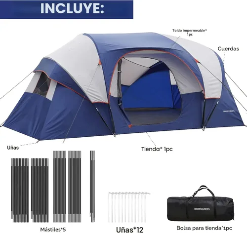 Vista 6 de HIKERGARDEN Tienda de Campaña para 10 Personas - Tienda Familiar Portátil de Fácil Instalación para Campamento, Tienda de Cúpula de Tela Resistente