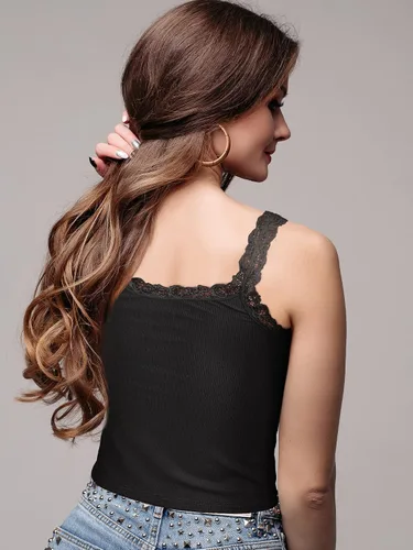 Vista 7 de Camiseta sin mangas de encaje para mujer, 3 piezas, camiseta sin mangas con encaje y ribete de encaje, Y2K