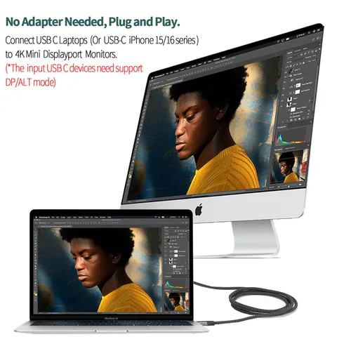 Vista 2 de YMY Cable USB C (la fuente) a Mini Displayport, 4K 60Hz 6 pies USB tipo C (Thunderbolt 3) a Mini DP de conversión de video, compatible con modo