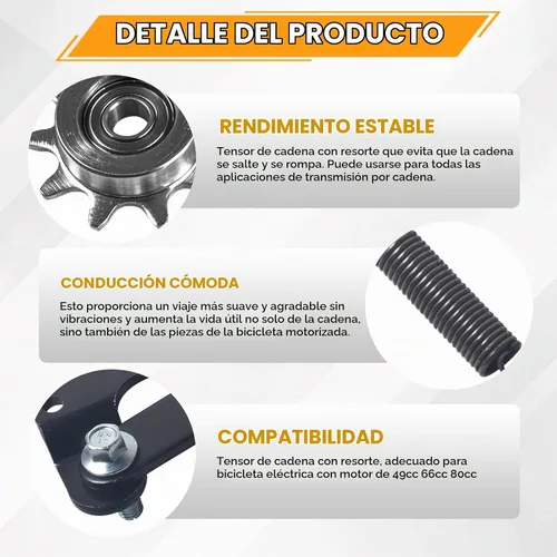 Vista 6 de Nuevo modelo de kit tensor de cadena con resorte para bicicleta motorizada de gas con motor de 2 tiempos de 49cc, 50cc, 66cc, 80cc, negra con rodillo