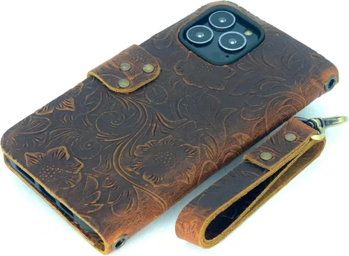 Vista 2 de Funda de billetera de cuero genuino hecha a mano para iPhone 17 Pro Max 17 Air 16 Funda para iPhone 15 Plus 15 Pro 14 16e Funda con correa de muñeca