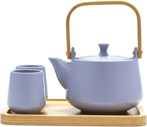 Vista 9 de Urban Tokyo Juego de té de cerámica con bandeja de bambú, tetera de 20 onzas líquidas con 2 tazas, esmalte mate satinado, servicio de té de Rosa