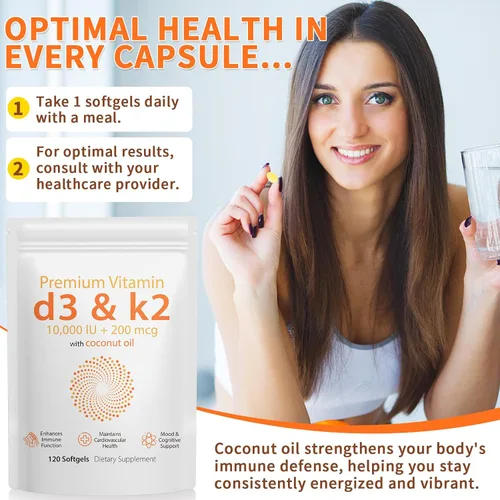 Vista 5 de Daiasns Vitamina D3 K2 10000iu apoya la salud muscular y cerebral - Suplemento D3 K2 de alta potencia que ayuda en el apoyo inmunológico