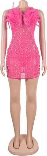 Vista 2 de Aro Lora Vestido sexy para mujer, sin tirantes, con plumas, con diamantes de imitación, de malla transparente