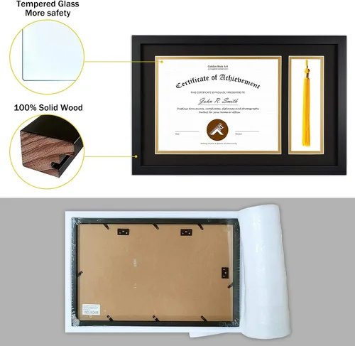 Vista 3 de Golden State Art, Marco de diploma negro de 11 x 17.5 pulgadas con soporte de borla para diploma de 8.5 x 11 pulgadas y marco de borlas, caja