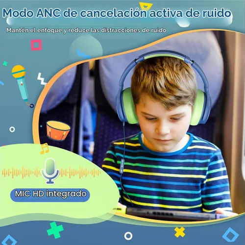 Vista 2 de Auriculares USB C para niños con cancelación activa de ruido en la escuela Azul