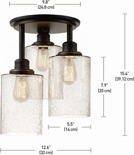 Vista 6 de Globe Electric 65904 Lámpara de techo semiempotrada de 3 luces de bronce con pantallas de vidrio semillado, ideal para cocina, baño, dormitorio