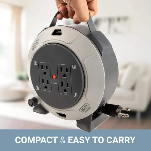 Vista 5 de BLACK+DECKER Carrete de Cable de Extensión Retráctil de 20 Pies con 4 Tomas, Extensión Multi-Enchufe, Botón de Reinicio del Disyuntor Térmico