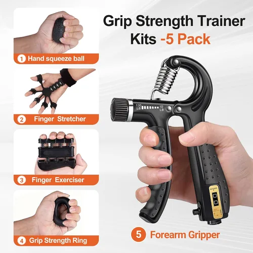 Vista 2 de Grip Strength Trainer Kit (5 Pack) Adjustable Resistance Hand Gripper,Finger Exerciser,Hand Extension Exerciser,Stress Relief Ball and Forearm