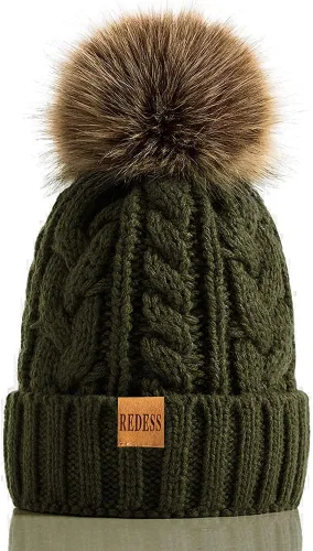 Vista 20 de Redess Gorro de invierno con pompón y forro polar cálido, grueso y holgado, tejido, para la nieve, para esquiar, para mujer Beige