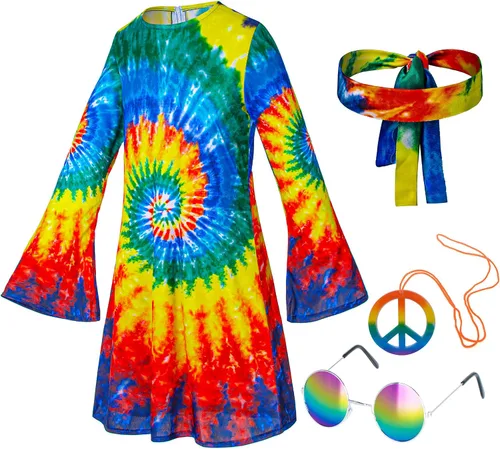 Vista 3 de Disfraz hippie para niñas, vestido colorido de los años 60 y 70, fiesta de Halloween, cosplay, 3 a 12 años
