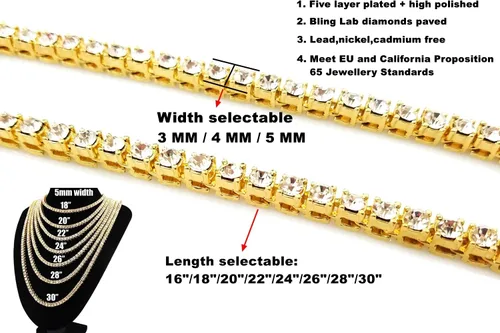 Vista 3 de HH BLING EMPIRE - Cadena de tenis con diamantes de imitación para hombres y mujeres, cadenas de tenis y eslabones cubanos de 18 a 30 pulgadas