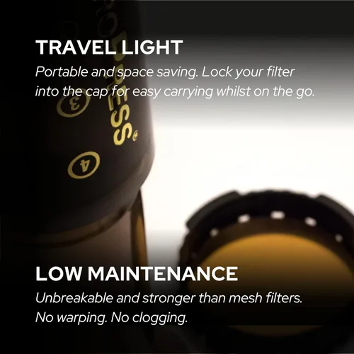 Vista 5 de Filtro para uso en cafeteras AeroPress Go/AeroPress – Disco fino – Reutilizable – Acero inoxidable recubierto de alta calidad (oro rosa, metal)