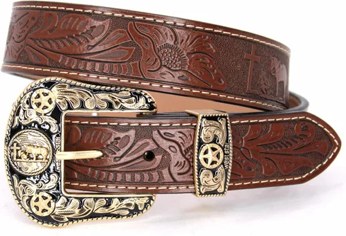 Vista 29 de Western Cowboy - Cinturón de cuero genuino con hebilla grabada, estilo country rodeo para hombre 8052 2cocodrilo Cf