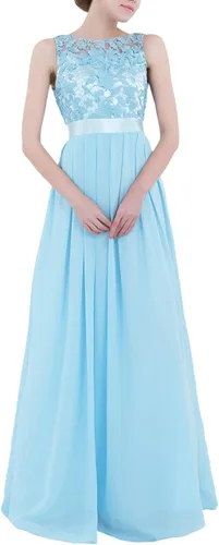 Vista 2 de Vestido largo de gasa bordada para mujer, con encaje de ganchillo, para boda, dama de honor, graduación, noche