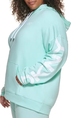 Vista 3 de DKNY Sudadera con capucha para mujer, con bolsillo, ajuste relajado, con logotipo agrietado