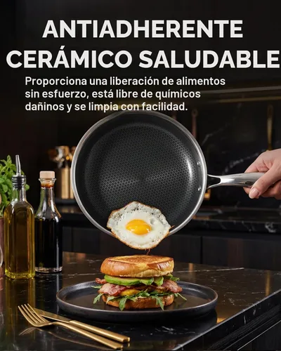 Vista 2 de Sartén antiadherente de 8 pulgadas con tapa, sartén híbrida antiadherente de acero inoxidable con mango de enfriamiento permanente, sin PFOA,
