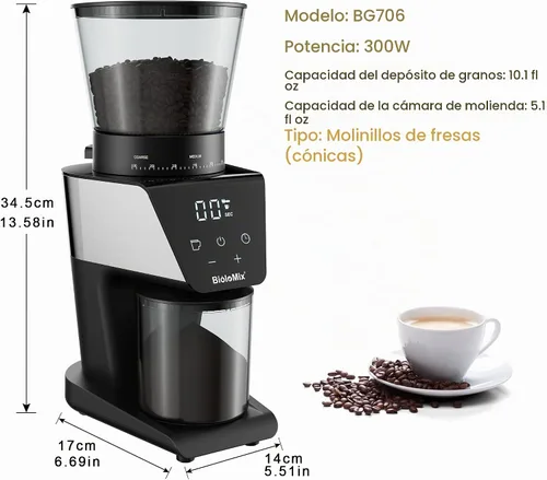 Vista 8 de BioloMix Molinillo de café eléctrico, molinillo cónico de rebabas