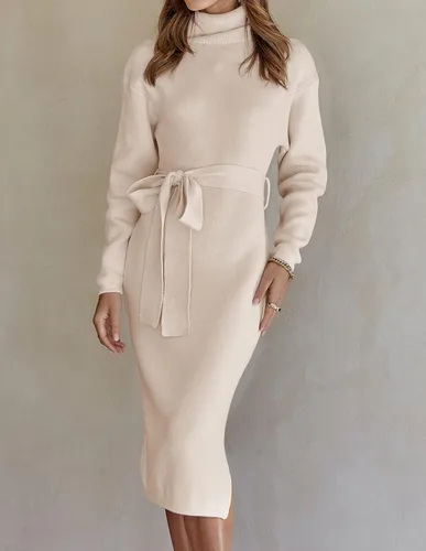 Vista 16 de ZESICA - Vestido por debajo de la rodilla de suéter, de cuello alto, para mujer, de manga larga, de punto acanalado, con abertura y cinturón