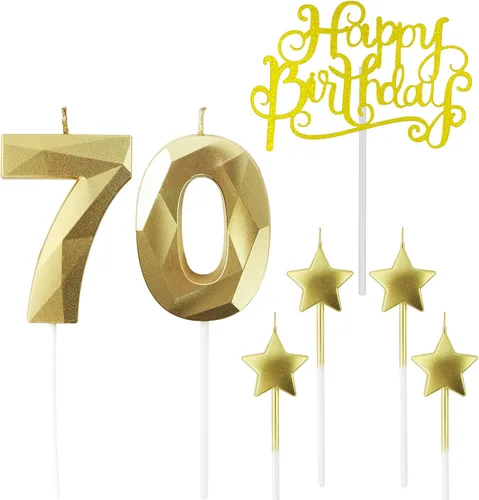 Vista 11 de Velas de cumpleaños doradas con número 20 y velas de estrella de cumpleaños de 7 cm Velas para pastel de cumpleaños en forma de diamante 3D son