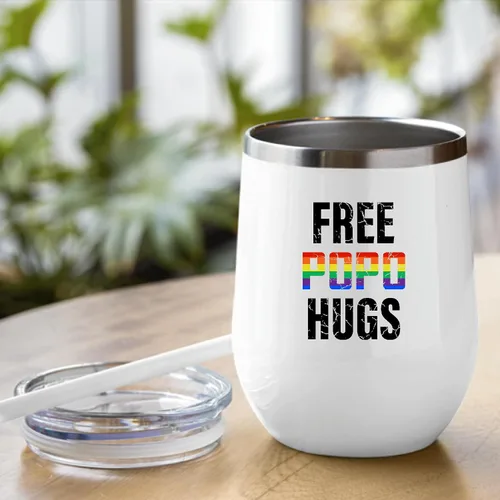 Vista 2 de LGBT Lesbian Gay Pride Rainbow Gift for Popo Hugs Supporters 12oz Wine Tumbler Cup