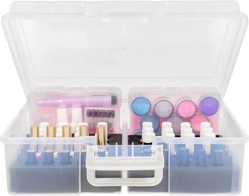 Vista 4 de IRIS USA Estuche de tren cosmético con organizador de esmalte de uñas y 4 estuches internos con asa, paquete de 2, caja de almacenamiento portátil