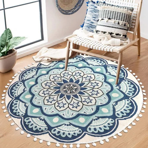 Vista 9 de Uphome Alfombra redonda pequeña de 2.3 pies, color azul, bohemia, con flecos de pompones, antideslizante, lavable, tapete de baño circular