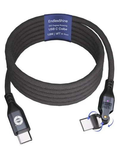 Vista 10 de Cable USB C a C de 3.3 ft, negro, rotación 540, 240 W, PD, carga rápida, transferencia de datos de 480 Mbps, cable de carga tipo C con chip