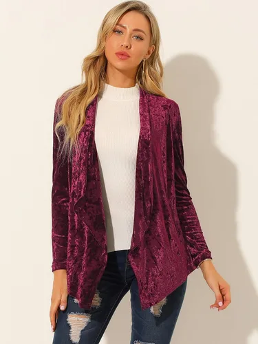 Vista 3 de Allegra K Cárdigan de terciopelo con cuello chal y bolsillo frontal abierto para mujer