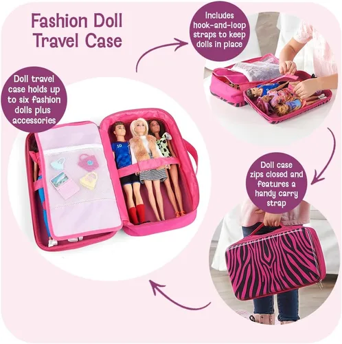 Vista 2 de Badger Basket Elegante estuche de viaje para muñecas de moda de 12 pulgadas, solución de almacenamiento con bolsillos para accesorios de muñeca, lo