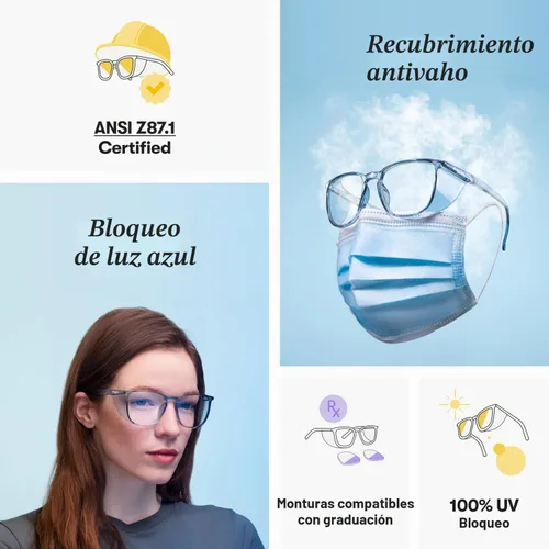 Vista 2 de Stoggles Lentes de seguridad con certificación Rectangular Z87.1, luz azul, lente de bloqueo UV, escudo superior y lateral, antivaho y elegantes