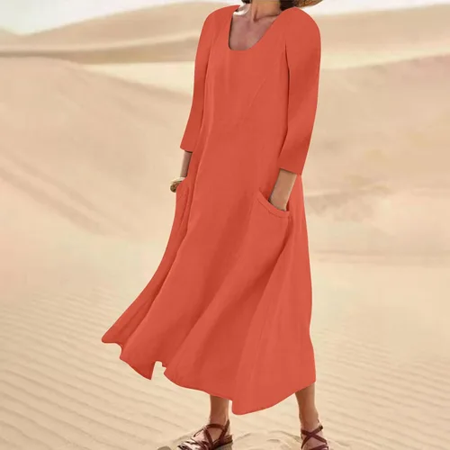 Vista 2 de Vestido largo de algodón sólido y manga corta para mujer de verano 2022, 0