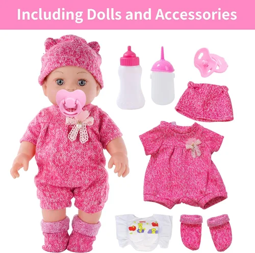 Vista 7 de DONTNO Muñeca de bebé de 12 pulgadas con ropa y accesorios, Set de alimentación y cuidado de muñeca bebé renacida viva con biberones, pañal