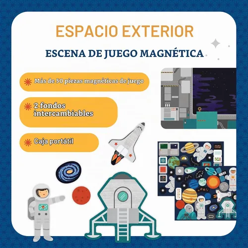 Vista 2 de Petit Collage Escena de Juego del Espacio Exterior, Piezas Magnéticas para Mezclar y Combinar, Edades 3+, 2 Escenas y 54 Piezas
