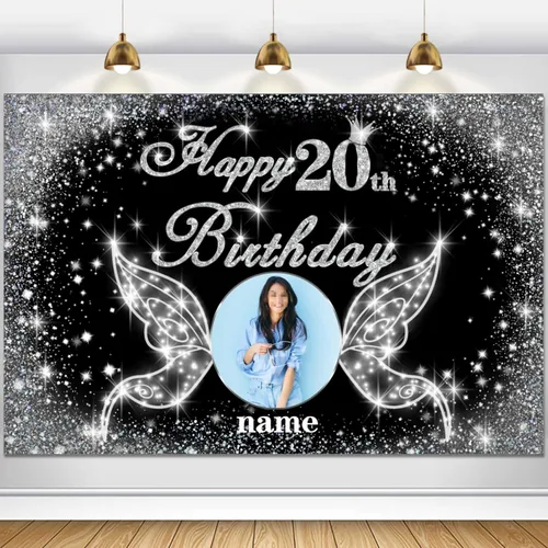 Vista 17 de Cartel personalizado de decoración de fiesta de cumpleaños número 100 - tema de alas de ángel - negro y plateado HY-NLK-100º