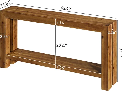 Vista 2 de Mesa consola de entrada de madera maciza de 63 pulgadas, mesa de sofá estrecha de granja detrás del sofá con almacenamiento de 2 niveles