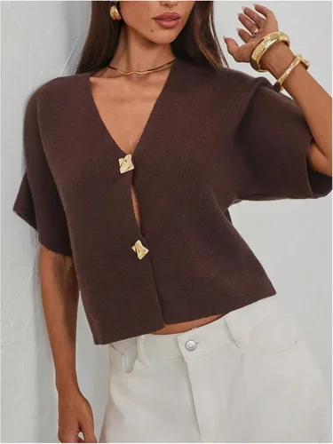Vista 4 de SOLY HUX Cárdigan de manga corta con cuello en V para mujer marrón (Plain Brown)