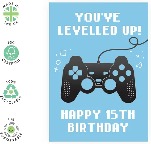 Vista 2 de CENTRAL 23 Divertida tarjeta de cumpleaños número 15 para niños, con texto en inglés «You've Levelled Up!», feliz cumpleaños quince años, quince