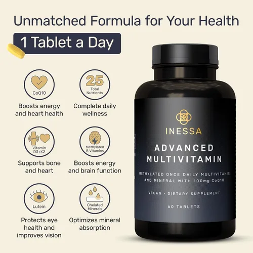 Vista 2 de Inessa Multivitamínico metilado para hombres y mujeres, multivitaminas diarias naturales avanzadas para hombre con CoQ10 100 mg, vitaminas D3, K2