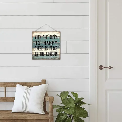 Vista 7 de Placa de madera de estilo Shabby Chic con texto en inglés "Saying When The Queen Is Happy There Is Peace in The Kingdom", rústico de madera antigua