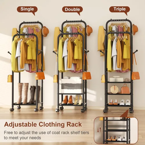 Vista 9 de Furologee - Percheros enrollables para colgar ropa, con dobles varillas, con ruedas, perchereros resistentes, perchero metálico portátil