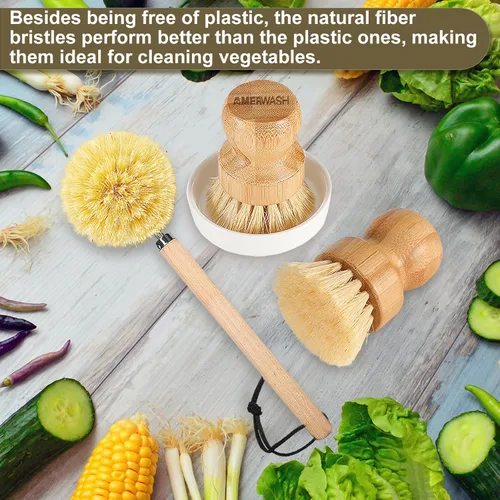 Vista 3 de Juego de cepillos de madera para platos limpios, sartenes y verduras, cerdas naturales de bambú con plato de cerámica, 1 cepillo de mango largo + 2
