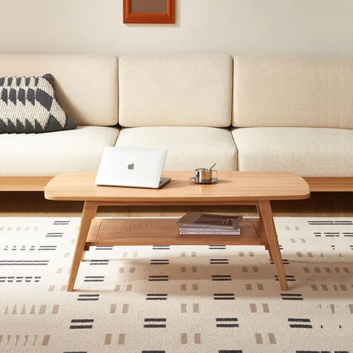 Vista 8 de Mesa de centro de madera maciza, moderna mesa de centro de madera con estante de almacenamiento para sala de estar, apartamento y oficina