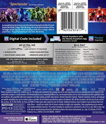 Vista 2 de Avengers Infinity War 4K Ultra HD Blu Ray Digital Code Blu-ray with no outer sleeve O-Sleeve 4K UHD