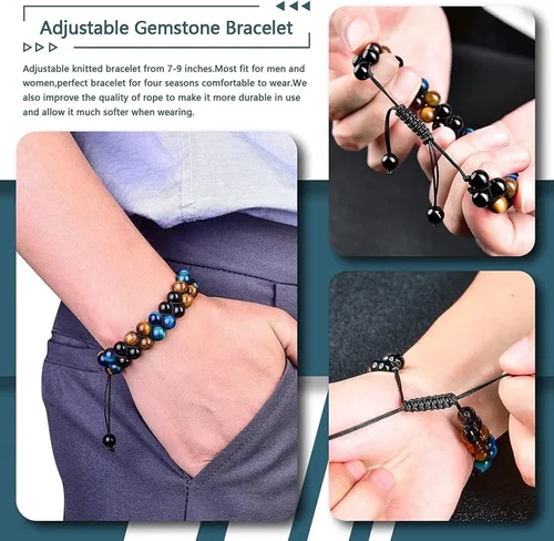 Vista 4 de Triple Protection Bracelet, 8mm 10mm Natural Stone Beads Obsidian Tiger Eye Hematite, Double Layer Hand Healing Crystal Stretch Bracelet,Protection
