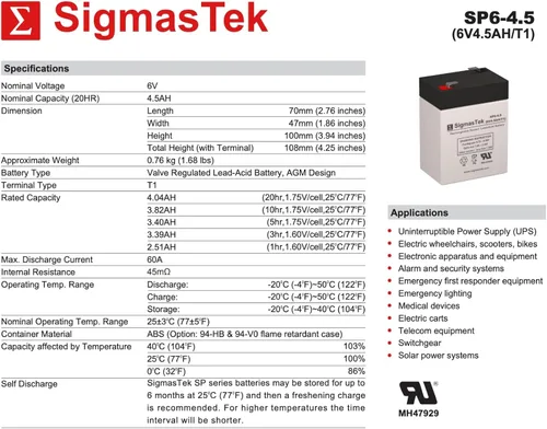 Vista 3 de SigmasTek Batería SP6-4.5 (T1), terminal F1/T1 de 6V 4.5Ah, AGM SLA recargable